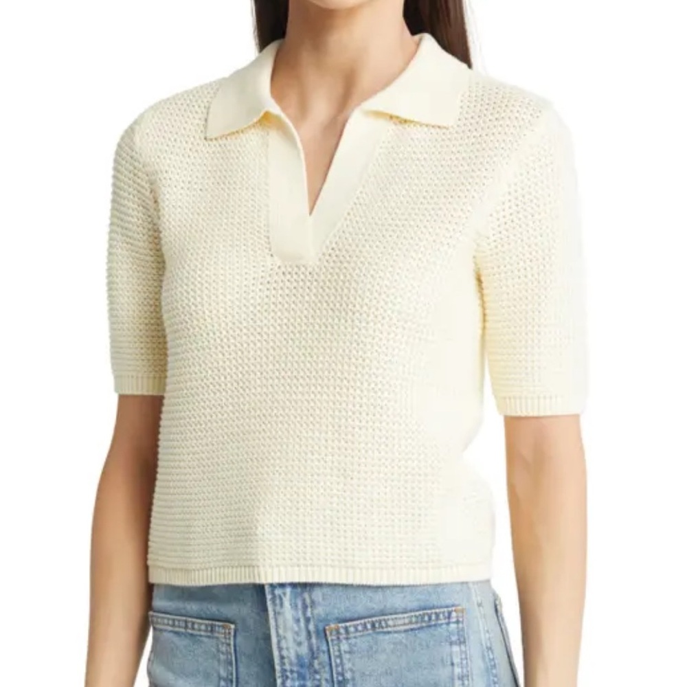 Marine Layer Spencer Crochet Polo Shirt Sweater Women’s XL Cream Cotton Preppy